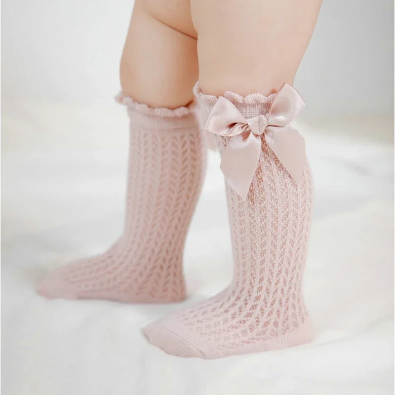 Baby Sock Oximeter - 薄いコットンメッシュソックス,韓国のボウ,白いストッキング,プリンセス,ニーハイ,レースとフリル付き,女の子と新生児用