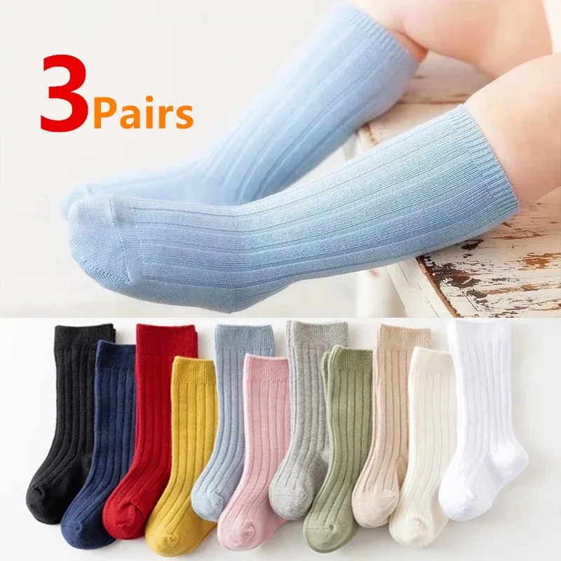 Baby Sock Oximeter - 3 ペア/ロットベビーニーハイソックスキッズガールズボーイズソフトコットンロングソックスかわいいスペインストライプ固体子供 Socken のための 0-8 年